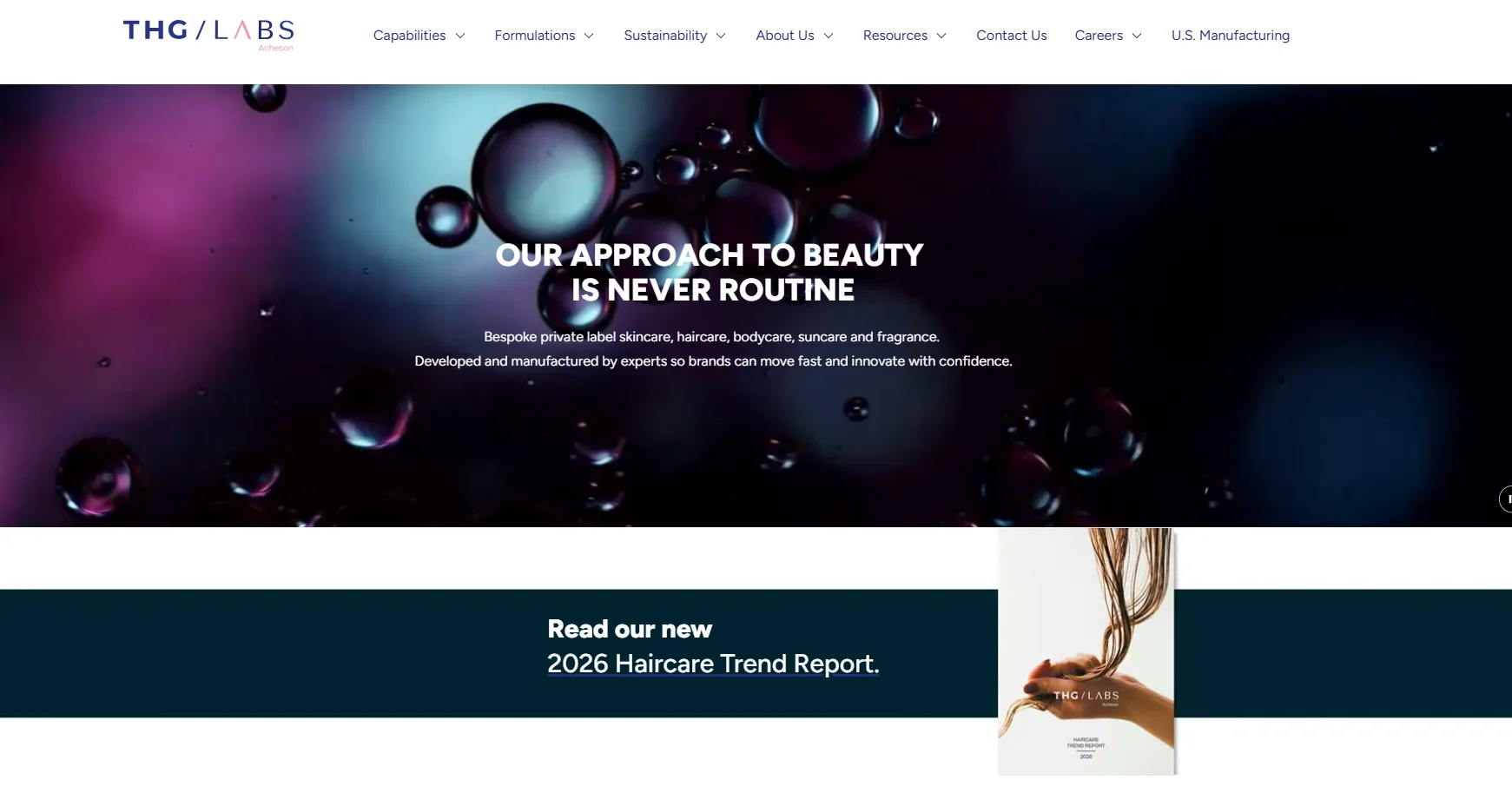 Abstract beauty background with bubbles overlay and text highlighting THG Labs' approach to bespoke skincare, alongside promotion for the 2026 haircare trend report.